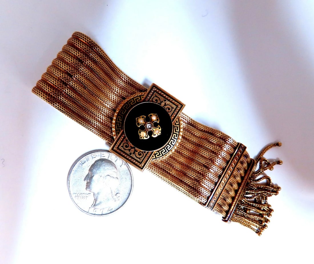 Antique European Slide Cuff Emblem Iconic Bracelet 14kt &Tassel Slide Adjustable - 10
