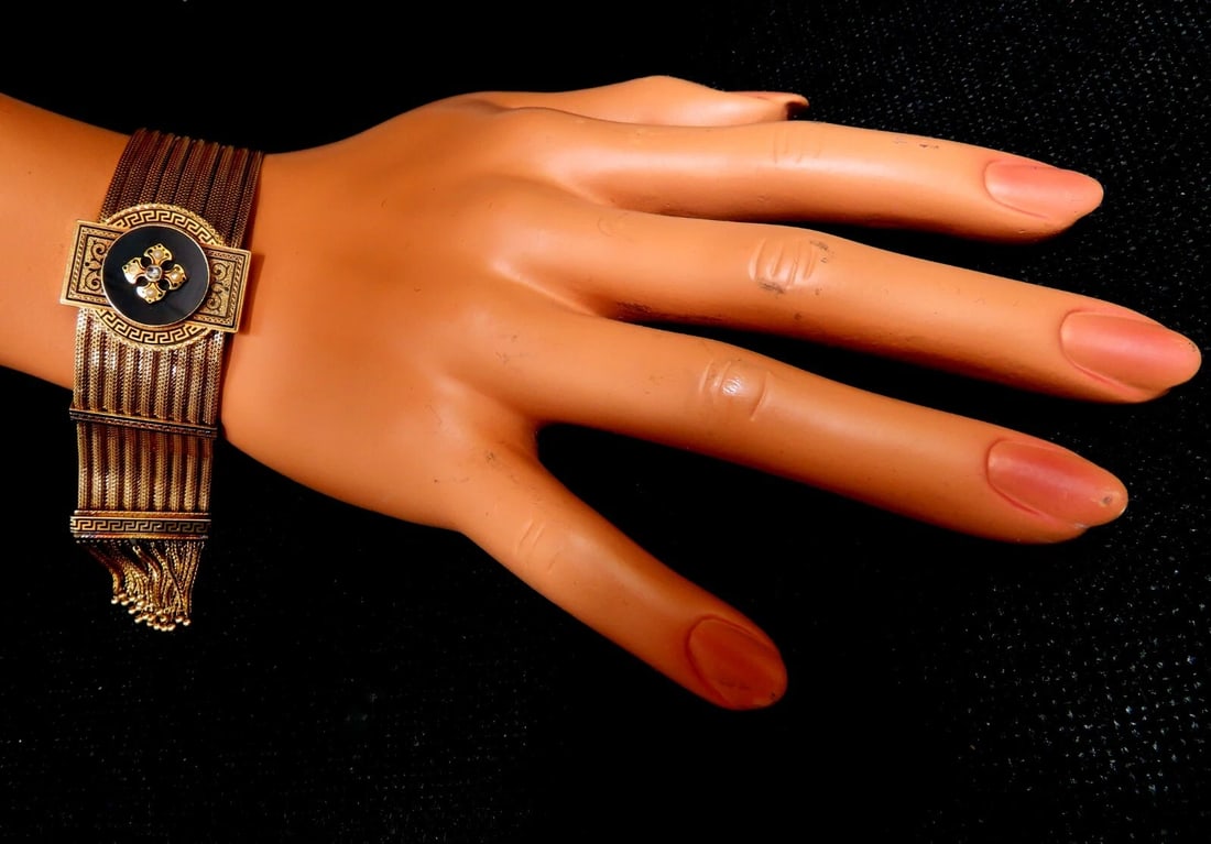 Antique European Slide Cuff Emblem Iconic Bracelet 14kt &Tassel Slide Adjustable - 12