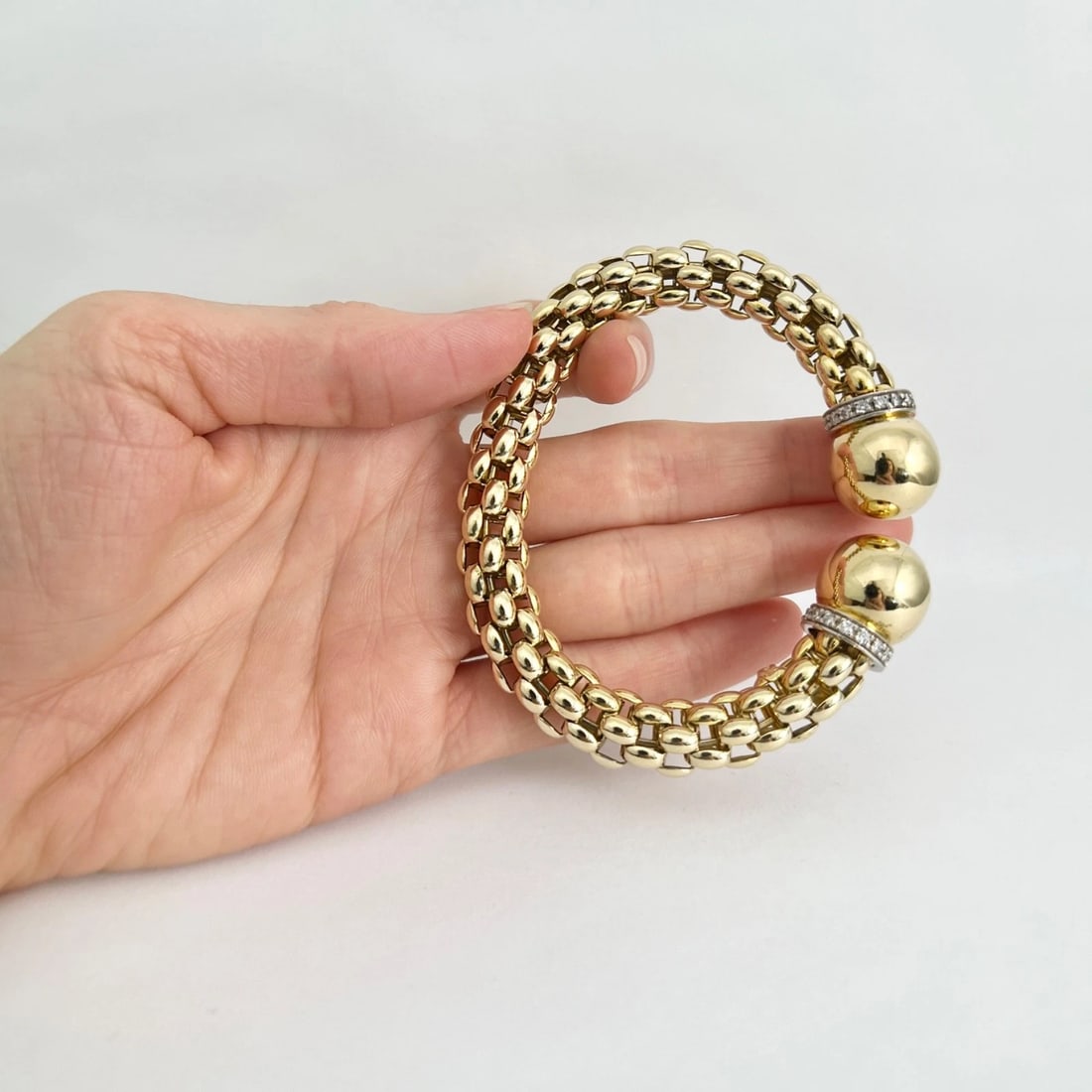 Diamond Gold Ball Cuff Flex Bangle Bracelet 18K Yellow Gold, 43.12 Grams - 2