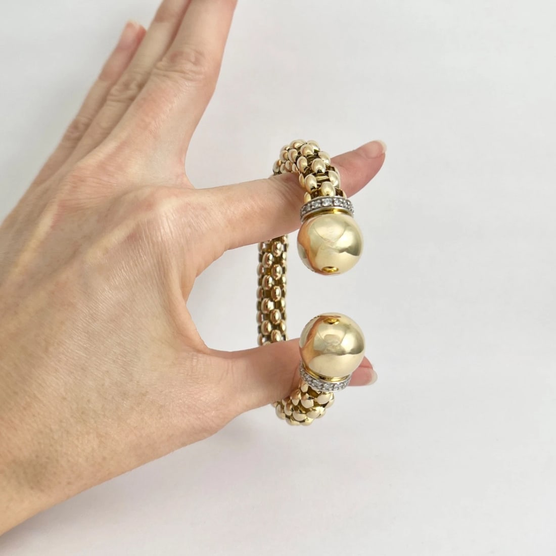 Diamond Gold Ball Cuff Flex Bangle Bracelet 18K Yellow Gold, 43.12 Grams - 4