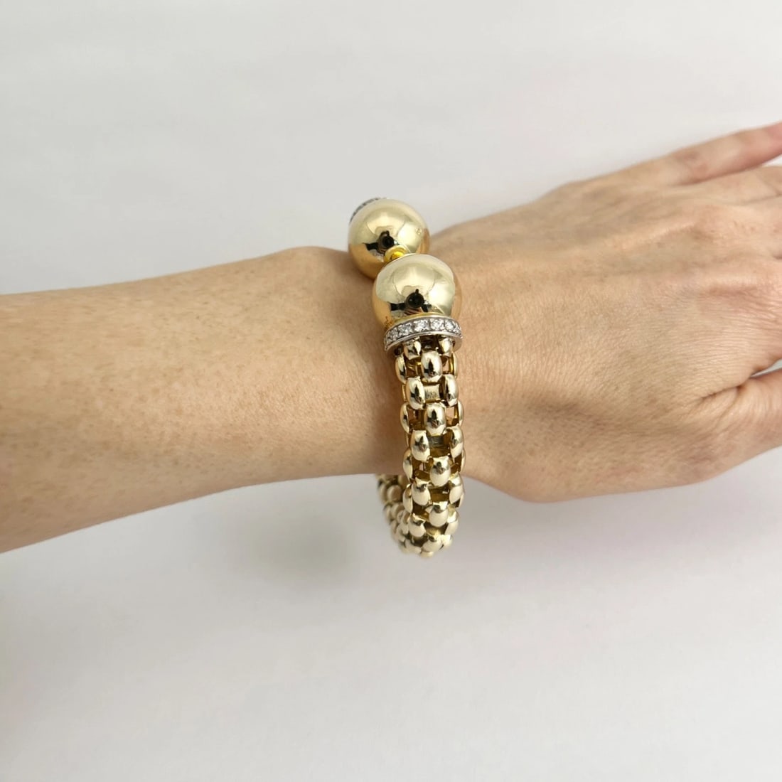 Diamond Gold Ball Cuff Flex Bangle Bracelet 18K Yellow Gold, 43.12 Grams - 6