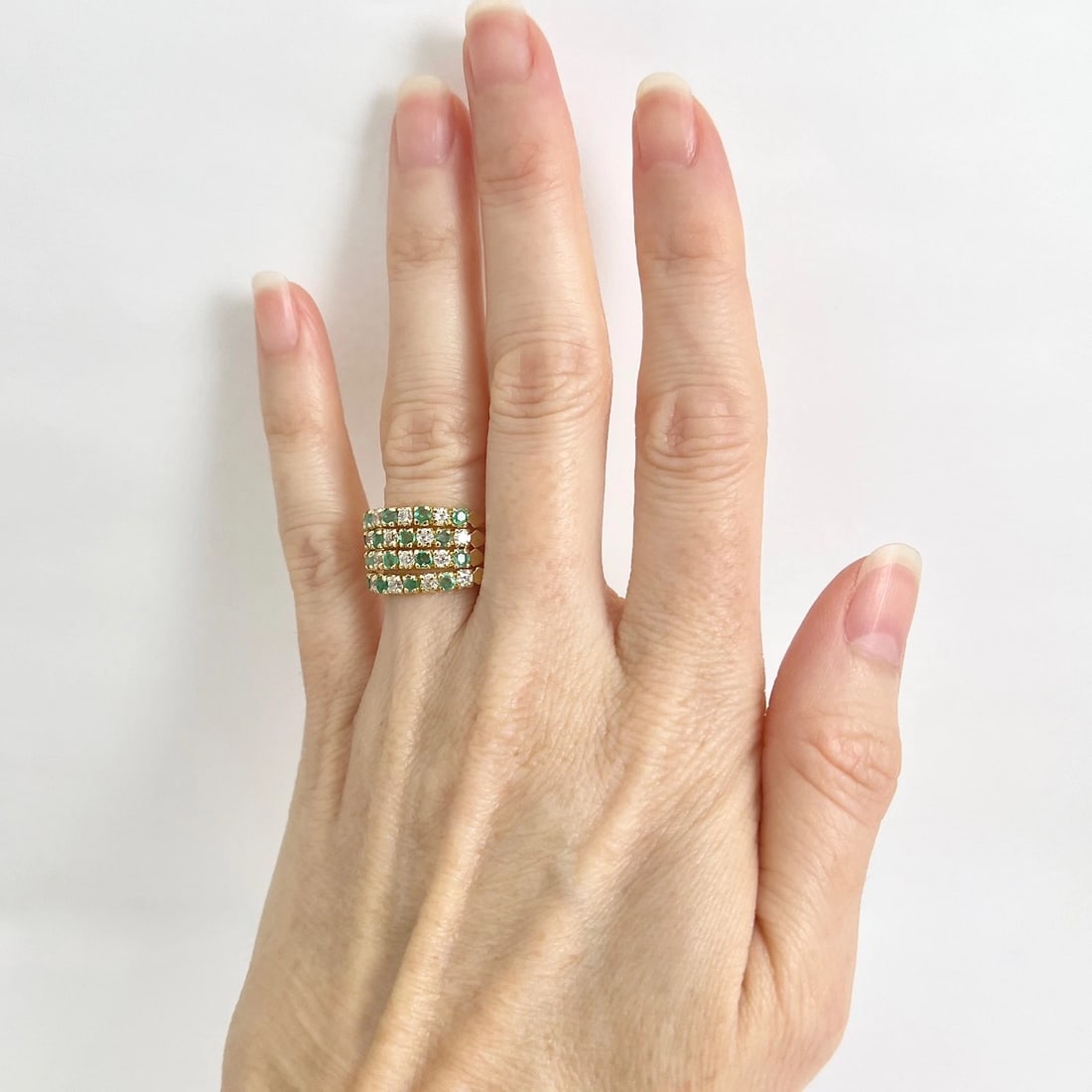 Estate Green Emerald Gemstone CZ Stacked Ring Set 14K Yellow Gold, 3.58 Grams - 2