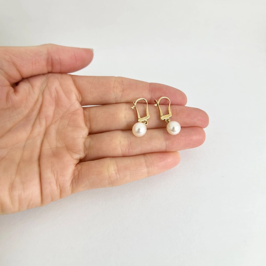 White Pearl Dangle Drop Earrings 14K Yellow Gold, 2.42 Grams - 2