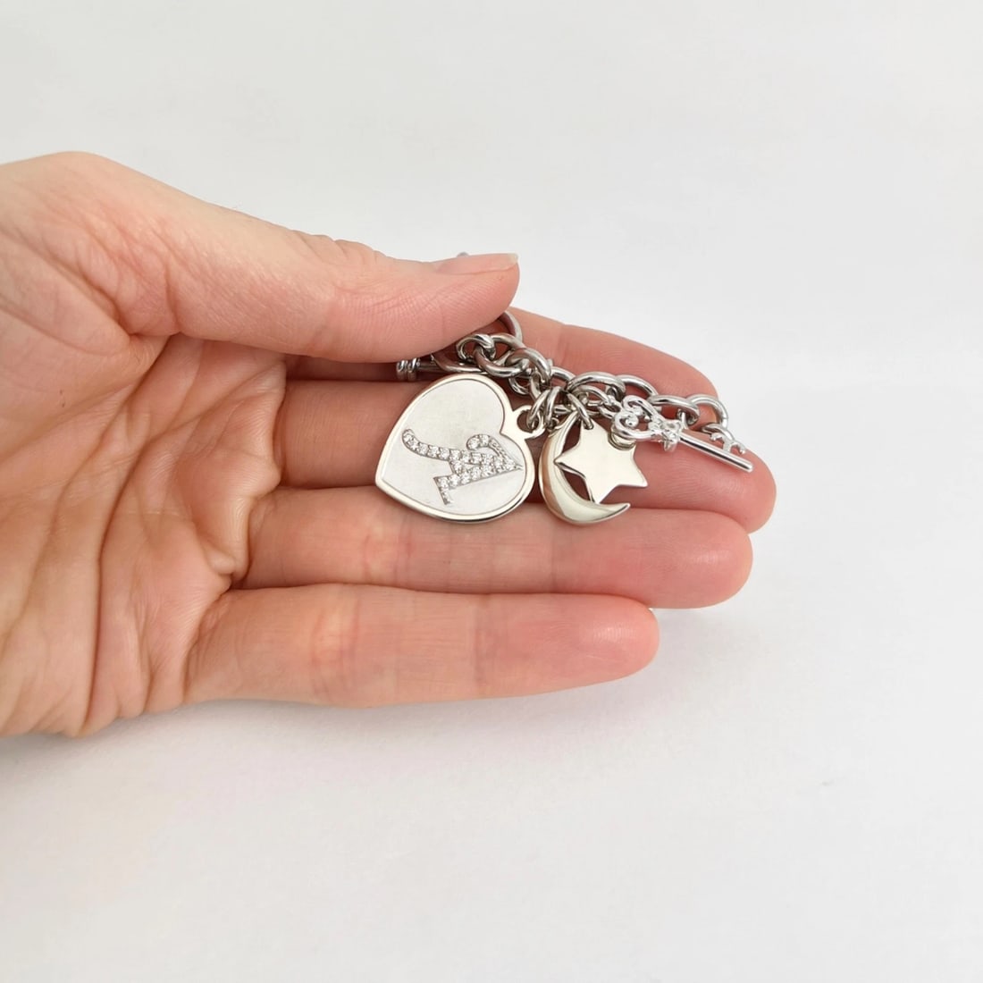 Estate Letter A Diamond Heart Moon Key Charm Bracelet 14K White Gold, 27.24 Gram - 2