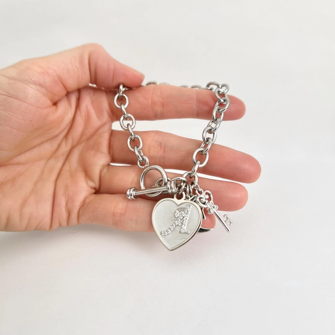 Estate Letter A Diamond Heart Moon Key Charm Bracelet 14K White Gold, 27.24 Gram - 3