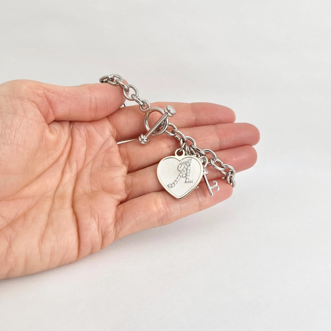 Estate Letter A Diamond Heart Moon Key Charm Bracelet 14K White Gold, 27.24 Gram - 7