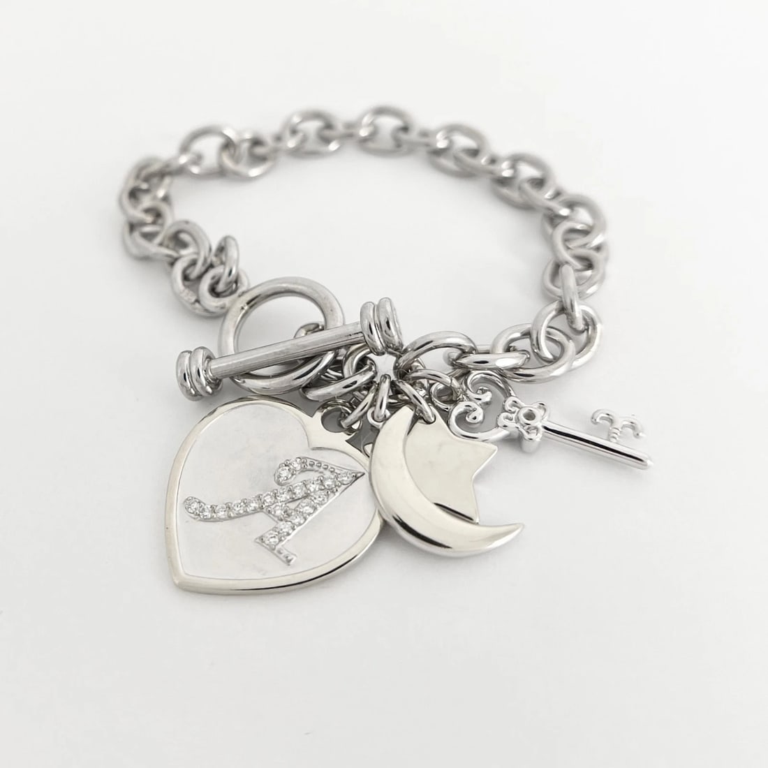 Estate Letter A Diamond Heart Moon Key Charm Bracelet 14K White Gold, 27.24 Gram - 8