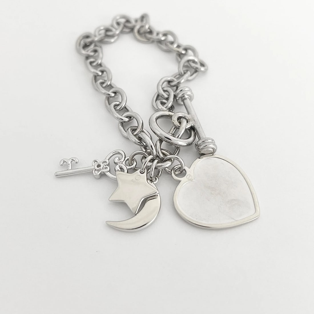 Estate Letter A Diamond Heart Moon Key Charm Bracelet 14K White Gold, 27.24 Gram - 9