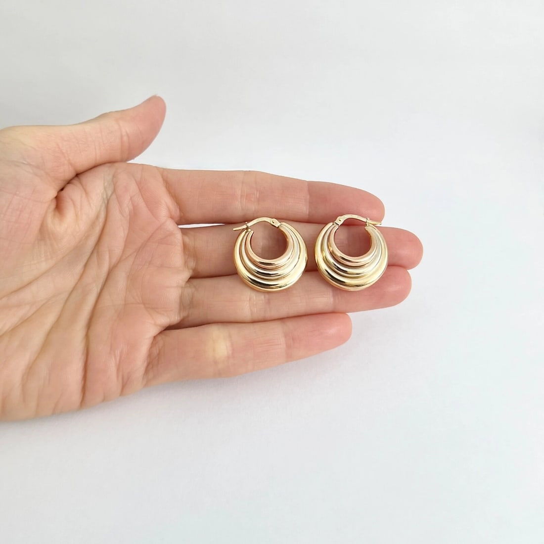 Italian Tri-Color Hoop Earrings 14K Yellow Rose White Gold, 4.18 Grams - 2