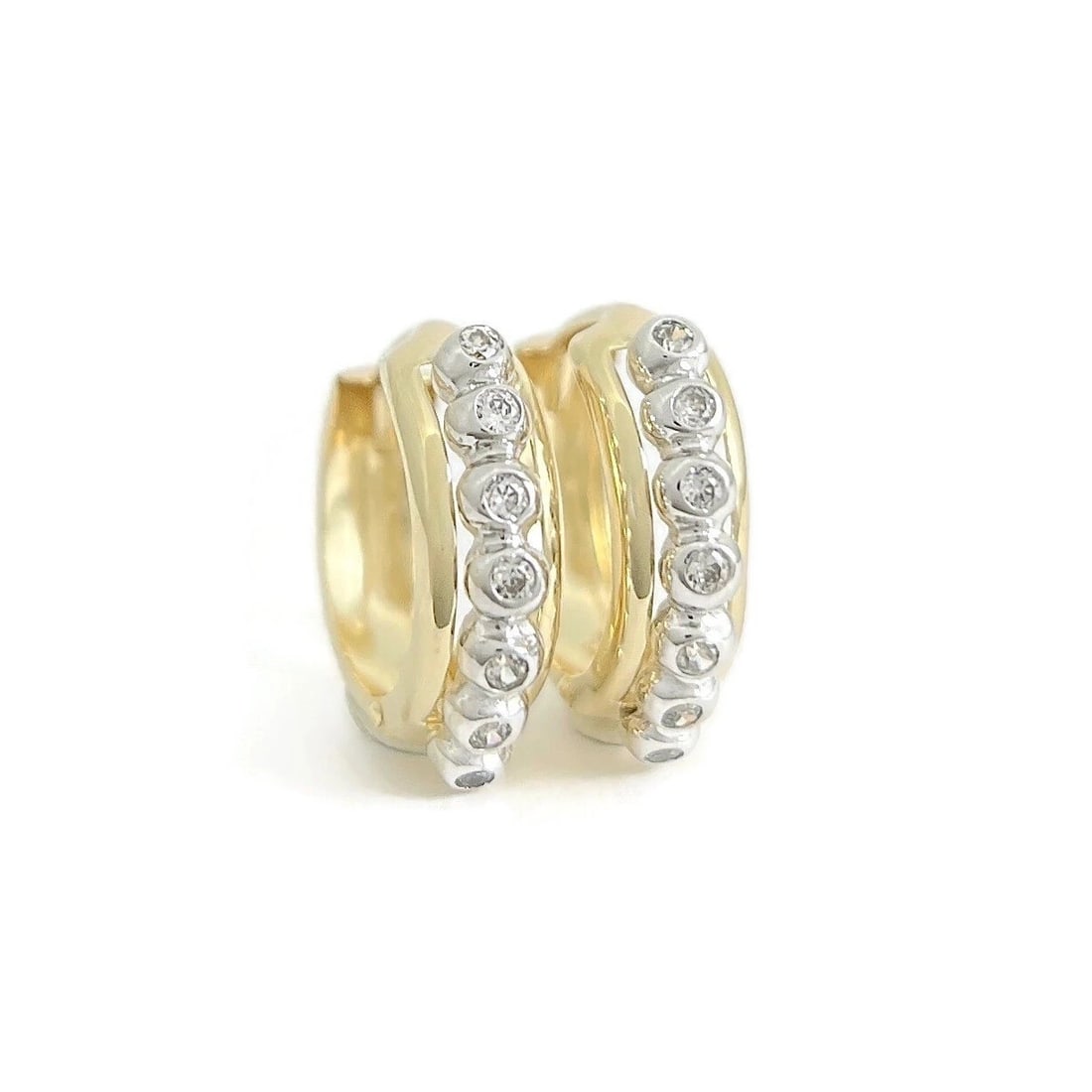 Estate Two-Tone CZ Cubic Zirconia Huggie Hoop Earrings 14K Yellow Gold, 3.12 Gr (1 of 8)