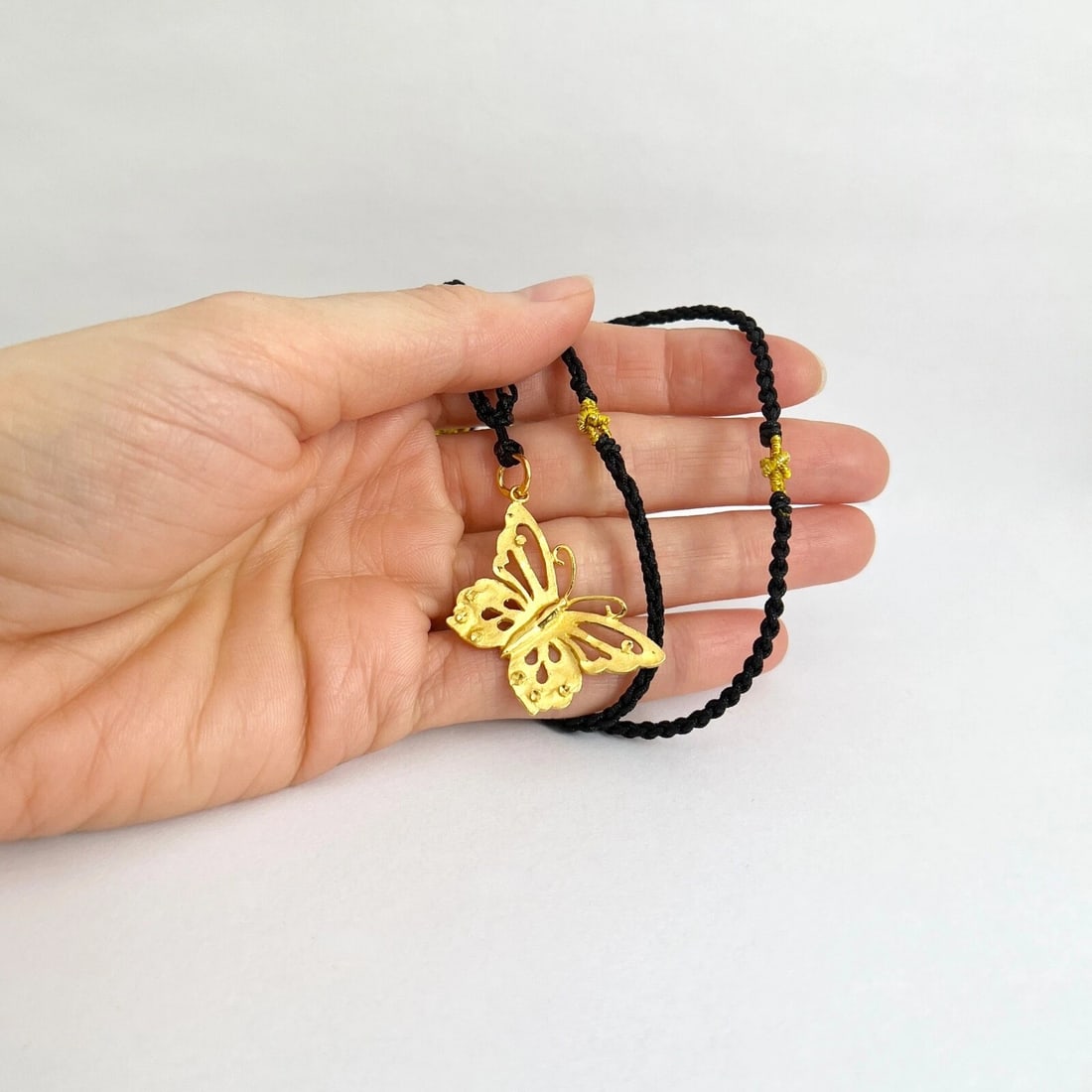 Butterfly Pendant Long Black Cord Necklace 24K Yellow Gold, 28 Inches, 8.26 Gram - 2