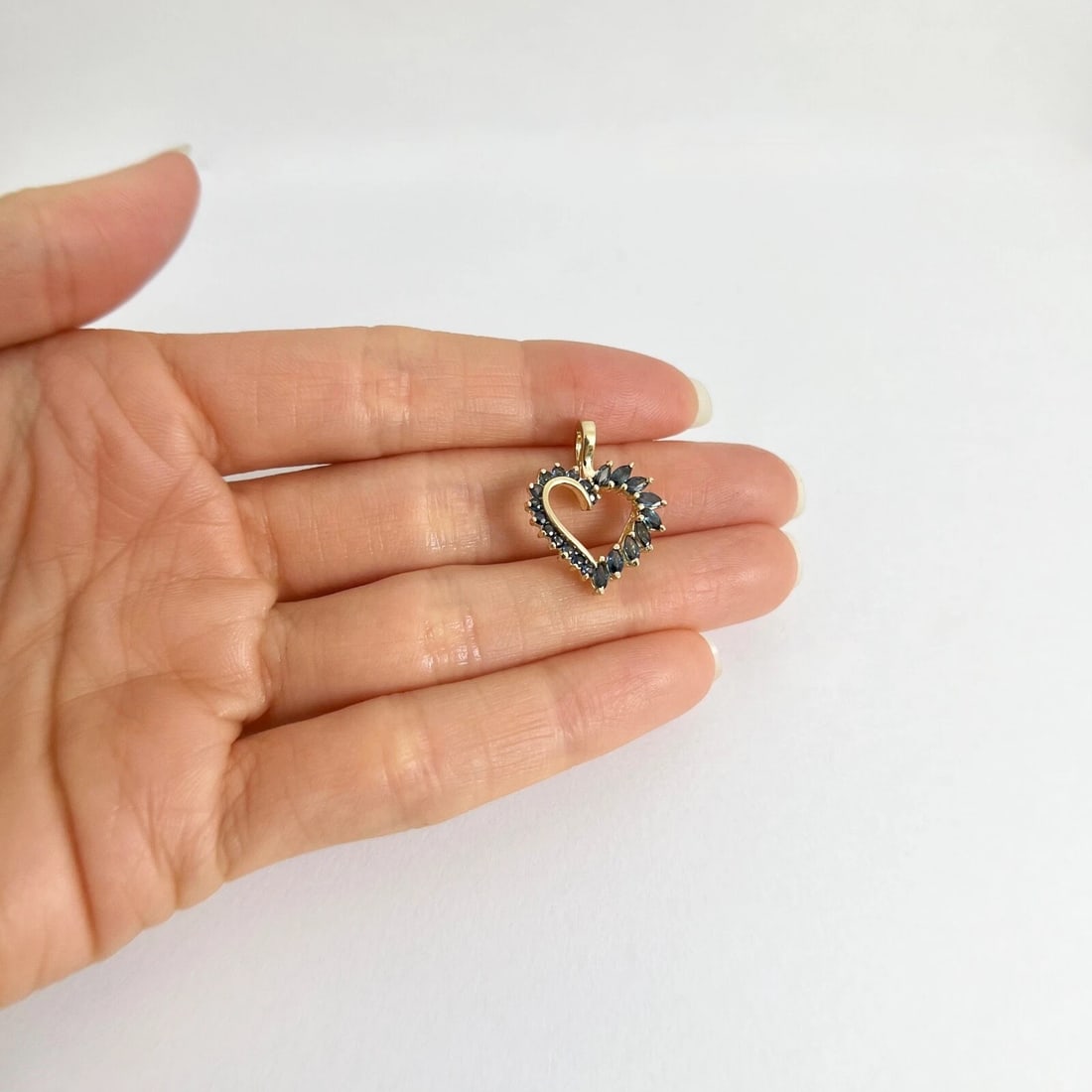 Marquise Sapphire Open Heart Necklace Pendant Charm 14K Yellow Gold, 2.14 Grams - 2