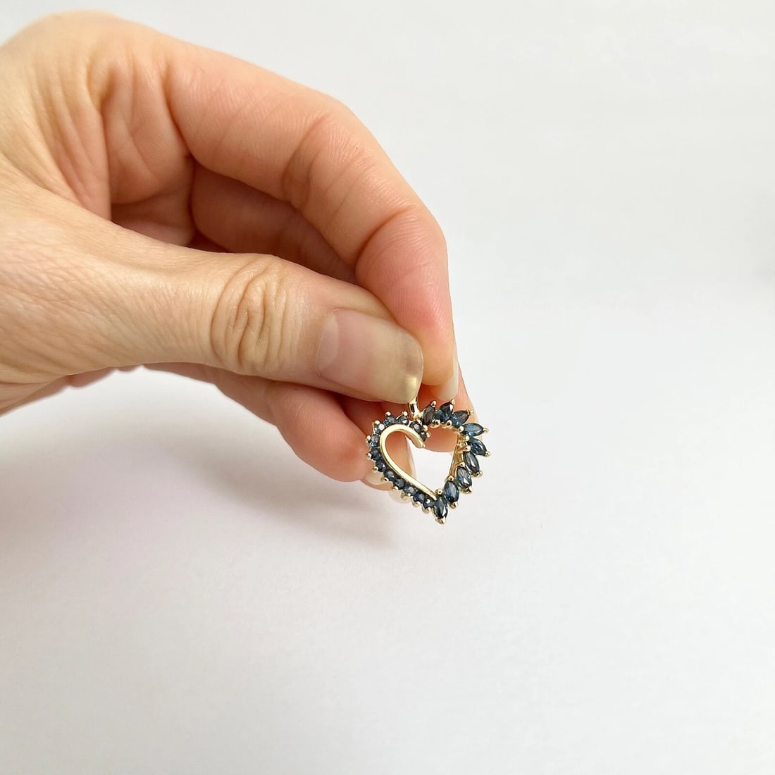 Marquise Sapphire Open Heart Necklace Pendant Charm 14K Yellow Gold, 2.14 Grams - 3