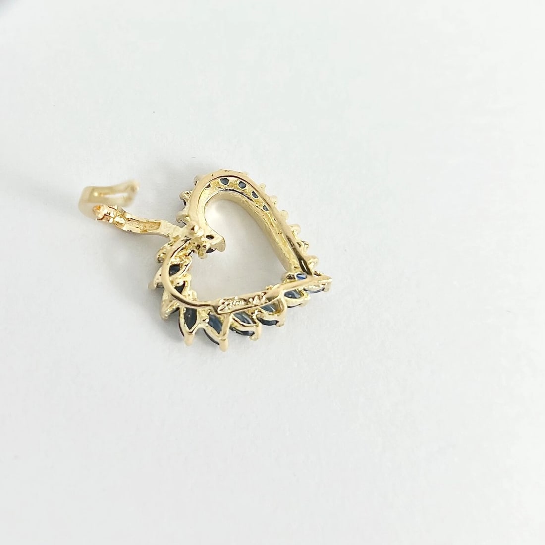 Marquise Sapphire Open Heart Necklace Pendant Charm 14K Yellow Gold, 2.14 Grams - 6