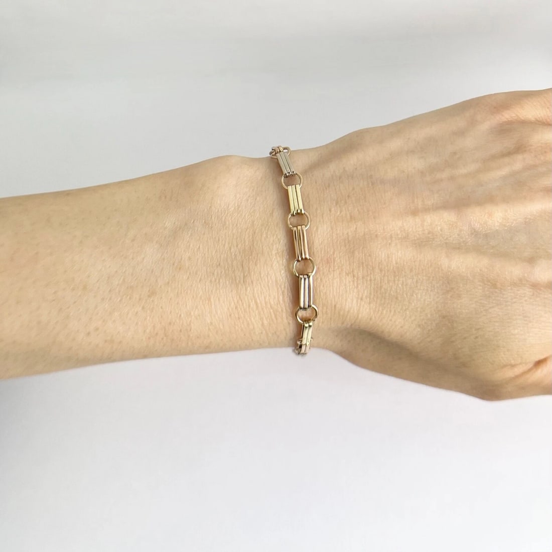 Tri-Color Chain Link Bracelet 14K Yellow Rose White Gold, 7.75 Inches, 5.34 Gram - 3