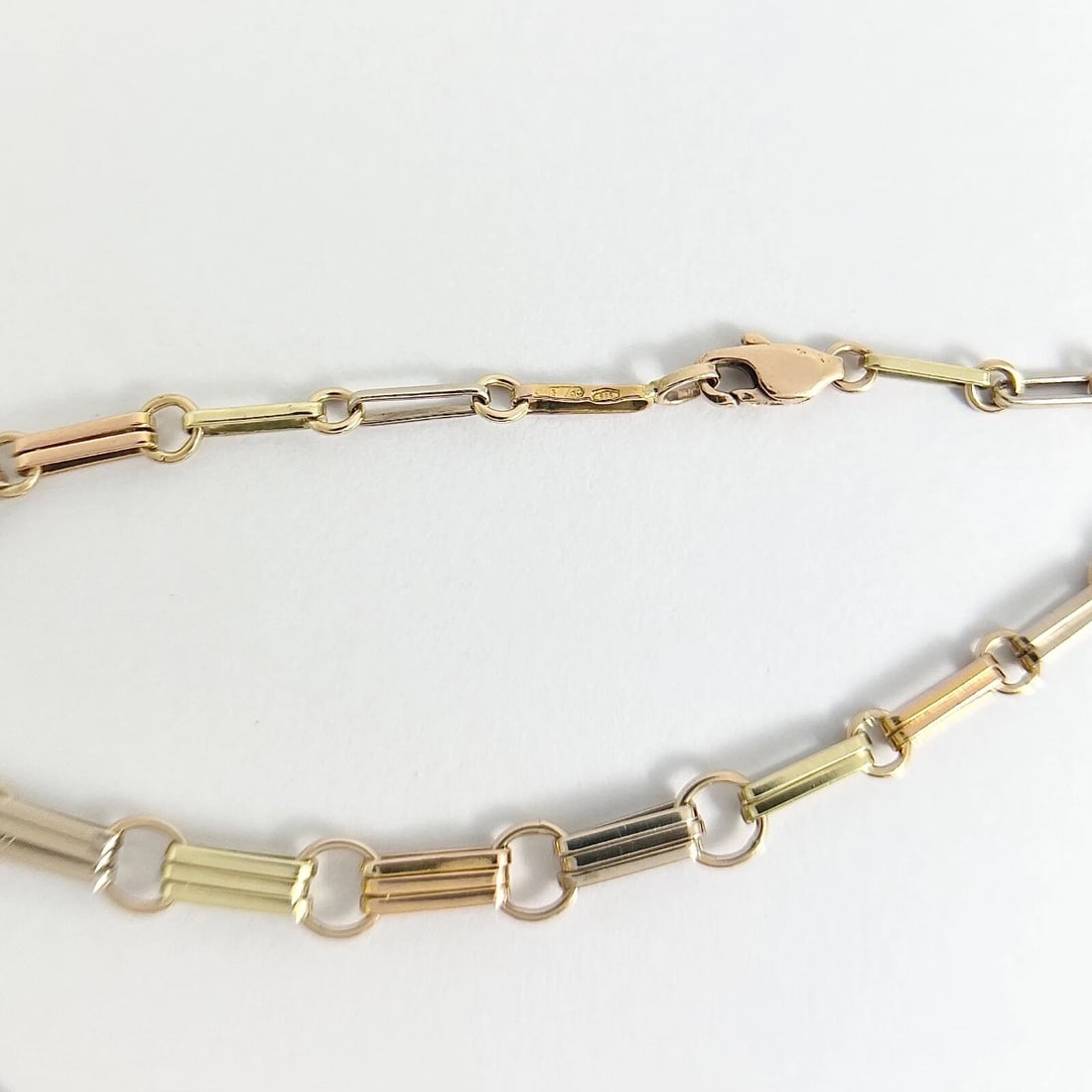 Tri-Color Chain Link Bracelet 14K Yellow Rose White Gold, 7.75 Inches, 5.34 Gram - 8