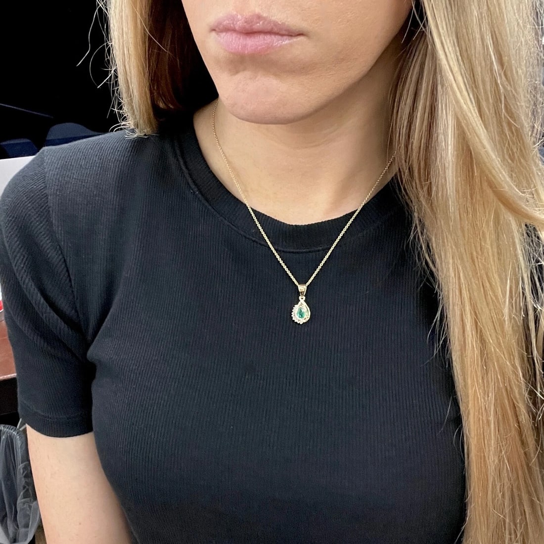 Emerald Diamond Gemstone Teardrop Pendant Necklace 14K Yellow Gold, 3.98 Grams - 4