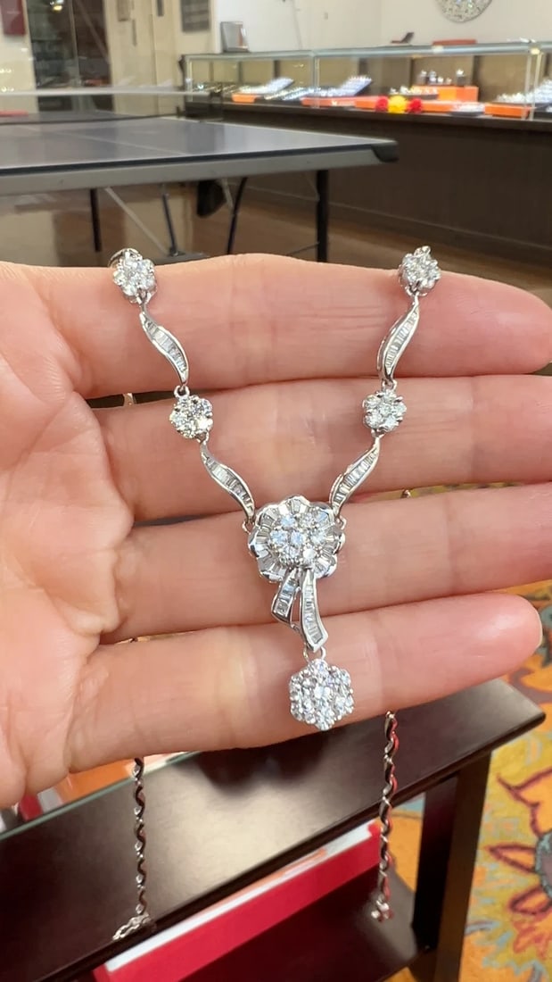 Flower Cluster Diamond Pendant Y Lariat Necklace 18K White Gold 2.29 CTW 13.84 G - 2