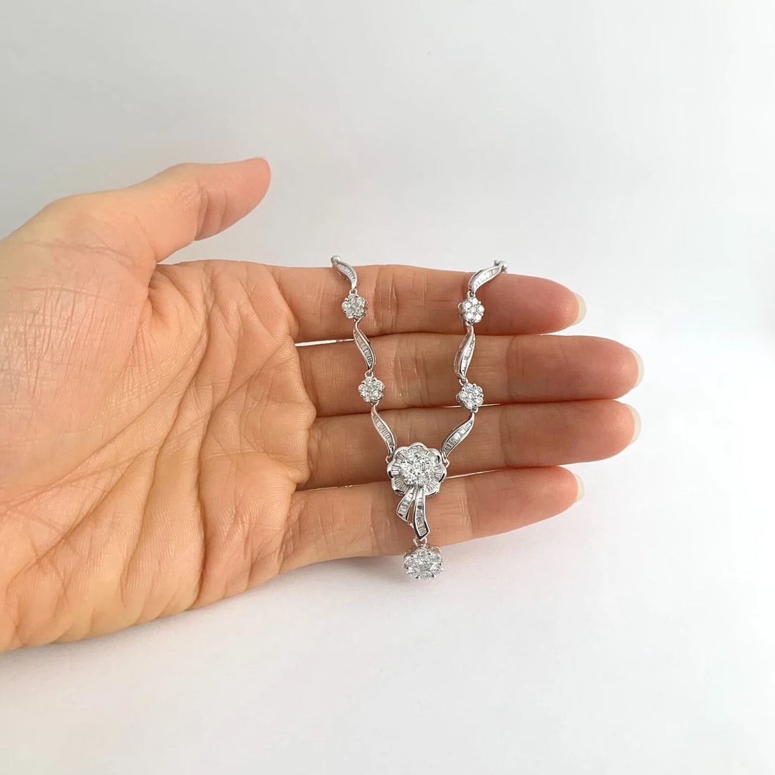 Flower Cluster Diamond Pendant Y Lariat Necklace 18K White Gold 2.29 CTW 13.84 G - 4