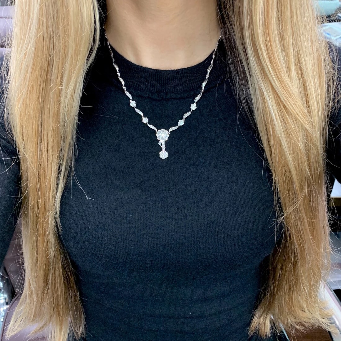 Flower Cluster Diamond Pendant Y Lariat Necklace 18K White Gold 2.29 CTW 13.84 G - 6