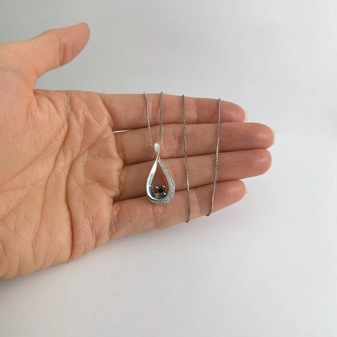 Black White Diamond Teardrop Pendant Necklace Sterling Silver, .40 CTW, 3.86 Gr - 2