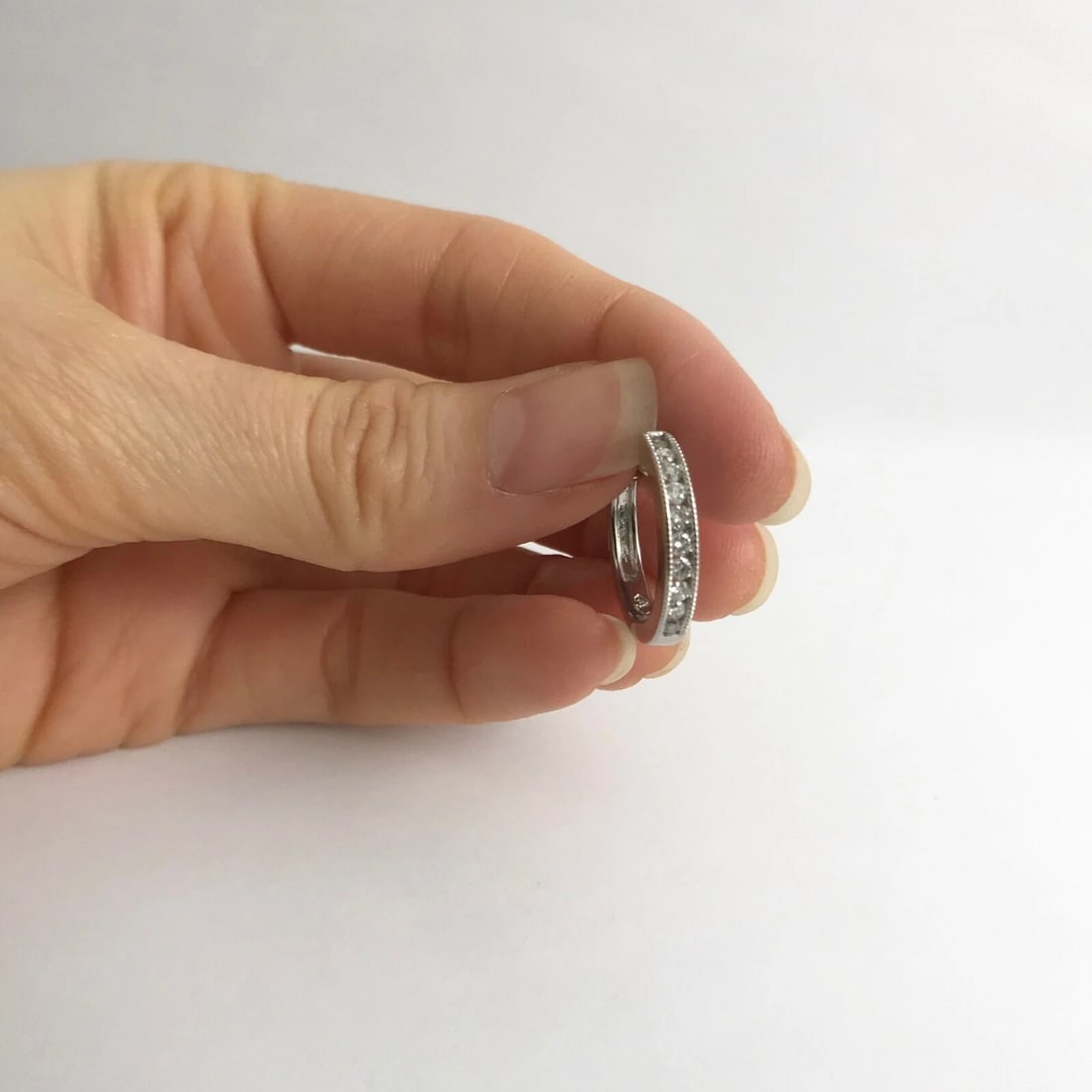 One Single Diamond Channel-Set Milgrain Hoop Earring 14K White Gold, 2.36 Grams - 2