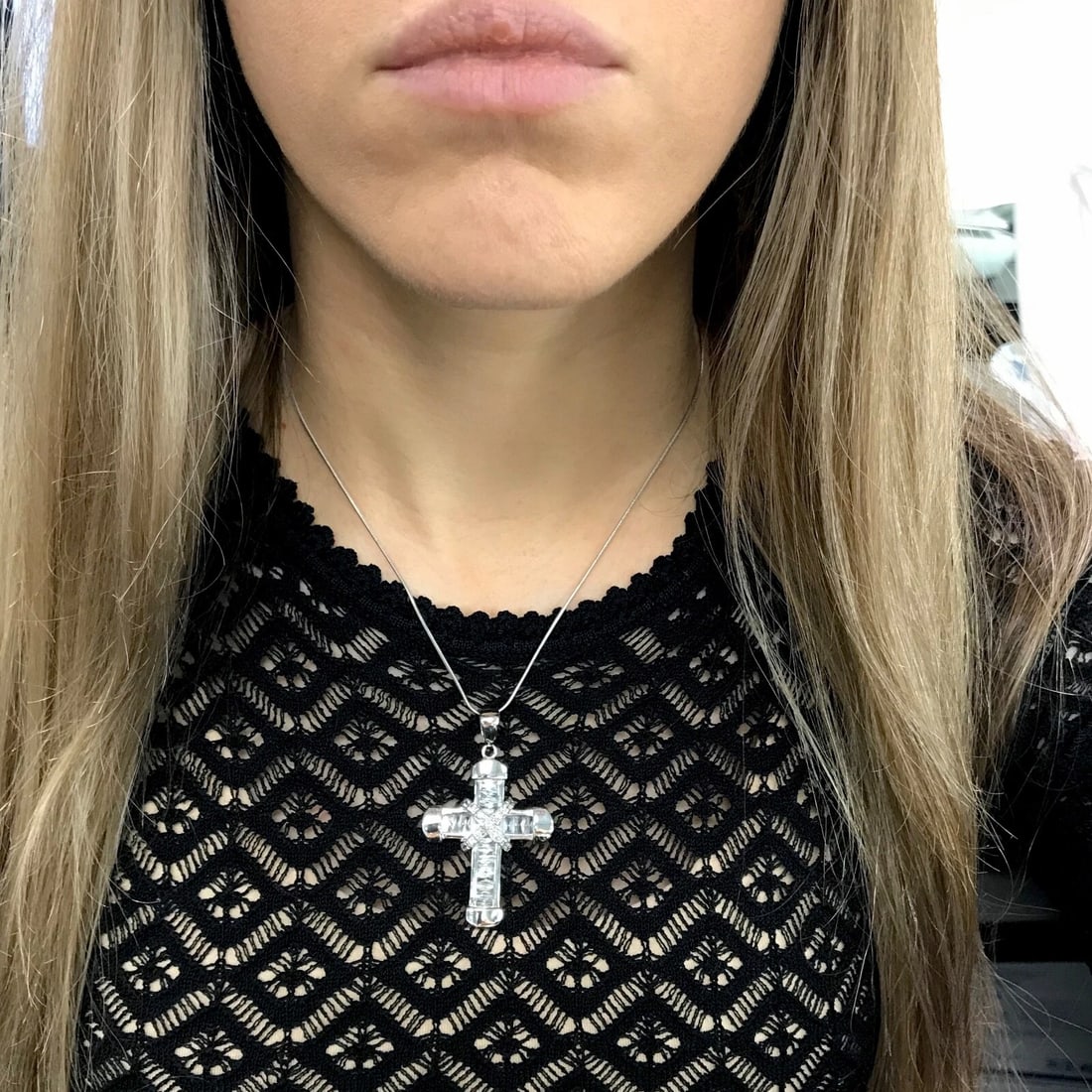 CZ Cubic Zirconia Cross Necklace Pendant 18K White Gold, 12.52 Grams - 5