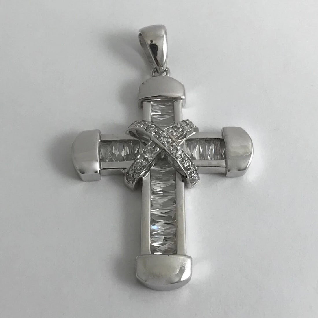 CZ Cubic Zirconia Cross Necklace Pendant 18K White Gold, 12.52 Grams - 7