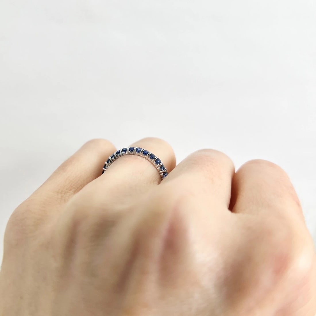 Thin Round Blue Sapphire Gemstone Band Eternity Ring 14K White Gold, 1.10 CTW - 4