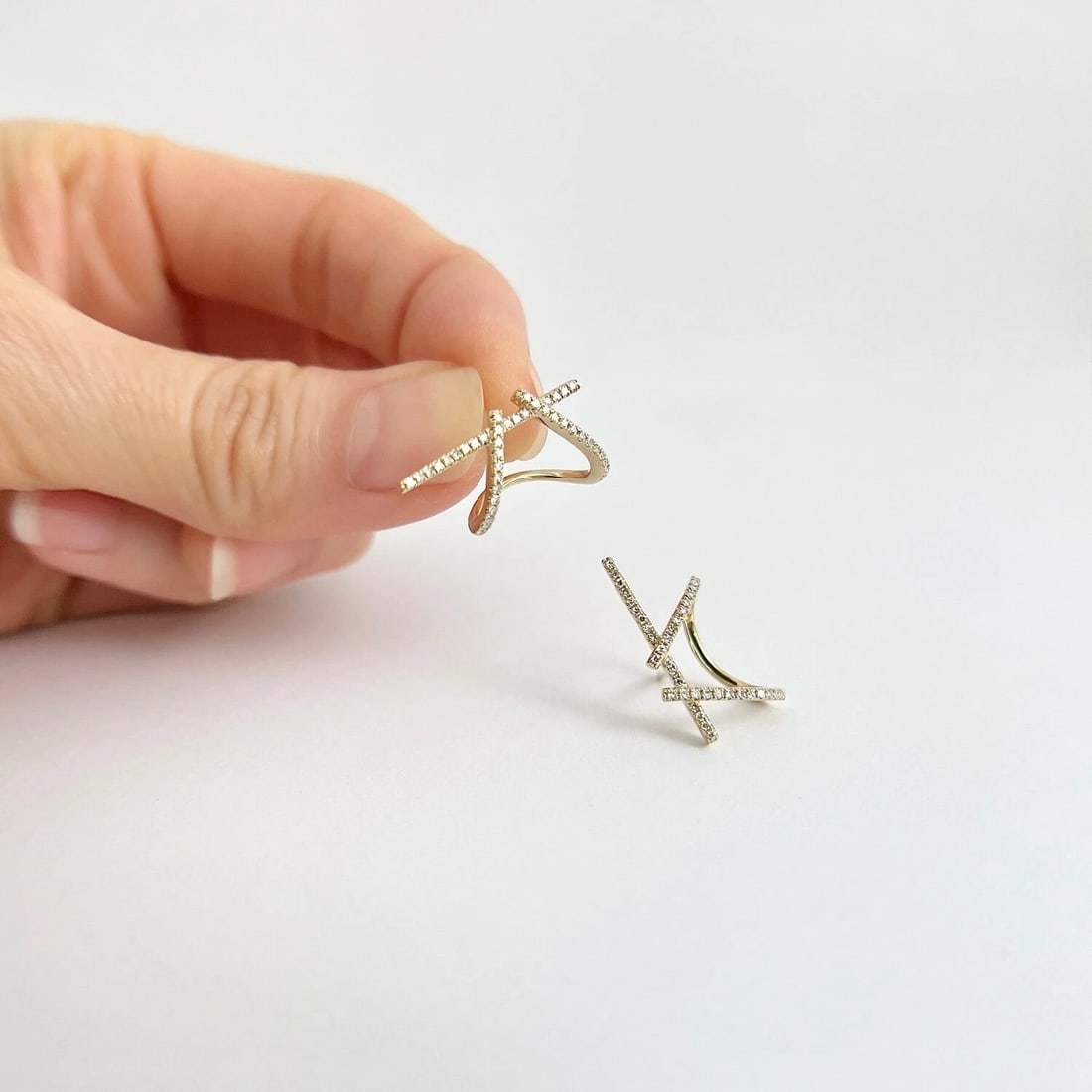 Asymmetrical Diamond Cuff Huggie Stud Earrings 14K Yellow Gold, .20 CTW - 3