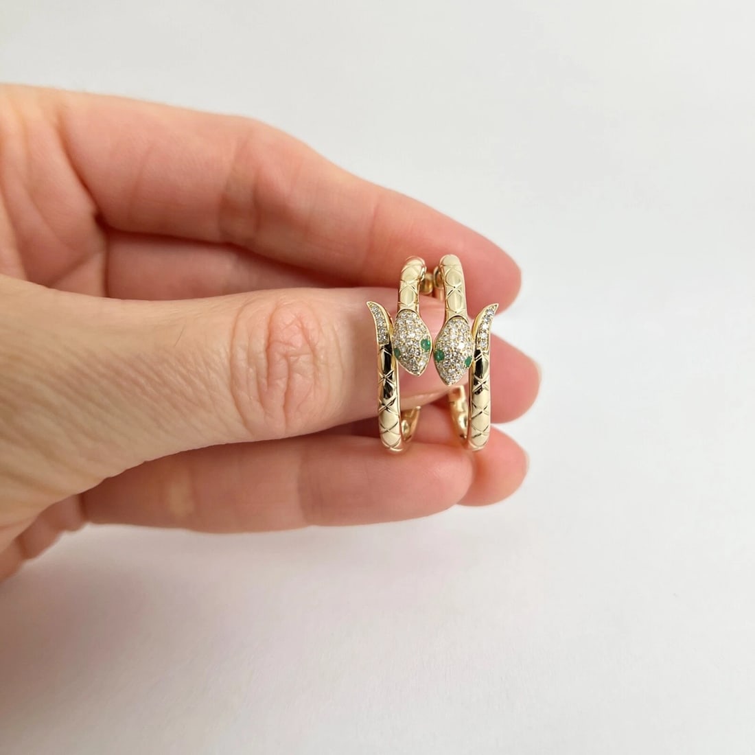 Emerald Eye Diamond Snake Hoop Earrings 14K Yellow Gold, 1 Inch, .29 CTW - 3