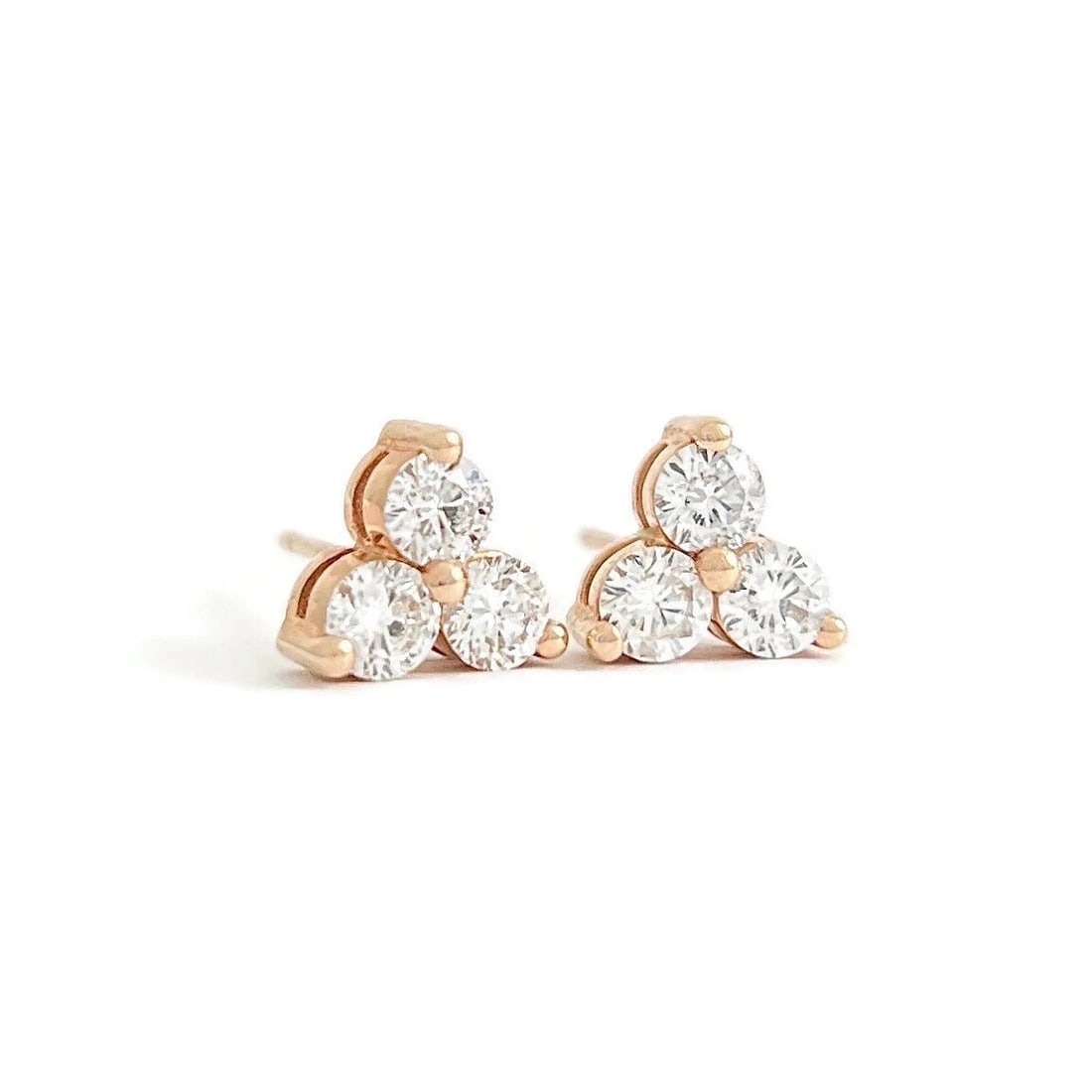 3-Stone Round Diamond Cluster Stud Earrings 14K Pink Rose Gold .90 CTW (1 of 4)