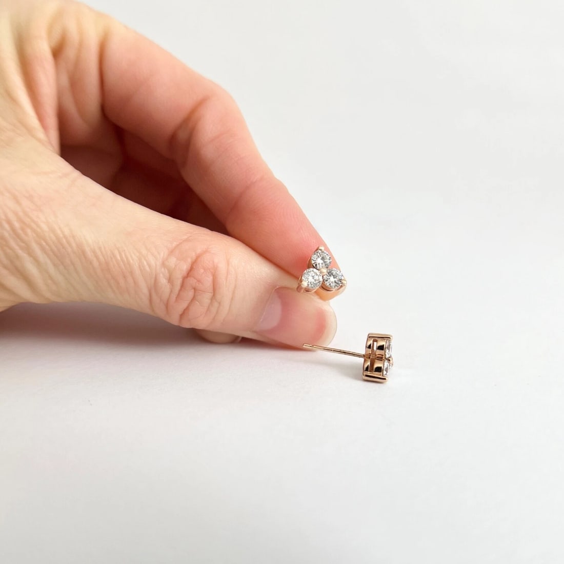 3-Stone Round Diamond Cluster Stud Earrings 14K Pink Rose Gold .90 CTW - 2