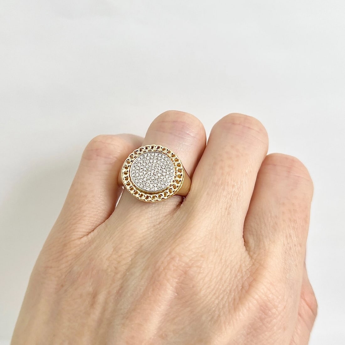 Round Pave Diamond Cuban Chain Link Halo Signet Ring 14K Yellow Gold .21 CTW - 4