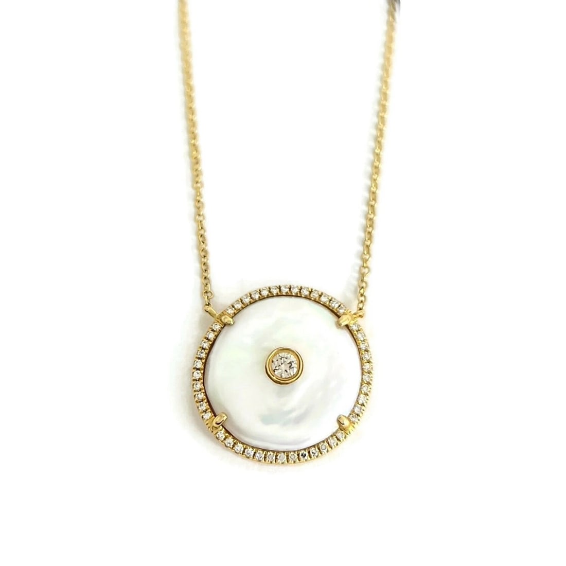 Round Mabe Pearl Diamond Halo Pendant Necklace 14K Yellow Gold .20 CTW: Title: Round Mabe Pearl Diamond Halo Pendant Necklace 14K Yellow Gold .20 CTW Description: Round Mabe Pearl Diamond Halo Pendant Necklace 14K Yellow Gold .20 CTW Make a statement with this beautiful
