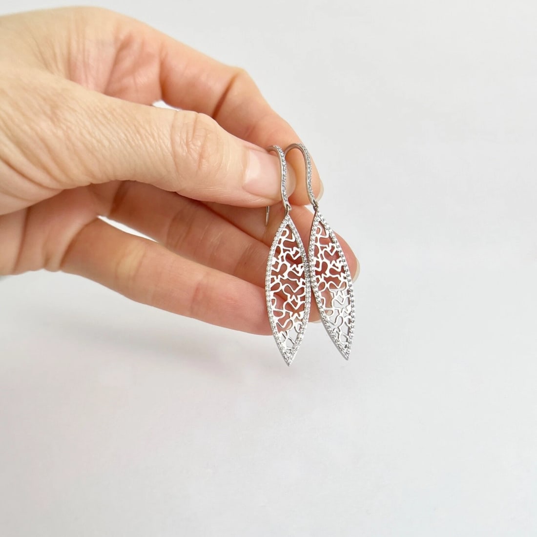 Diamond Filigree Marquise Navette Dangle Drop Earrings 14K White Gold, .60 CTW - 2