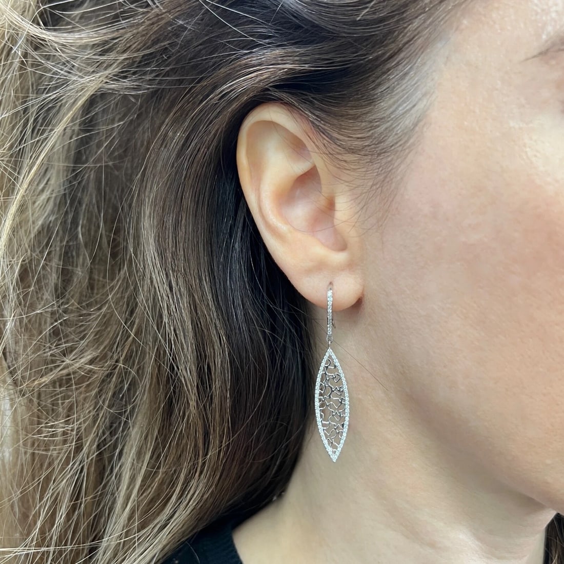 Diamond Filigree Marquise Navette Dangle Drop Earrings 14K White Gold, .60 CTW - 3