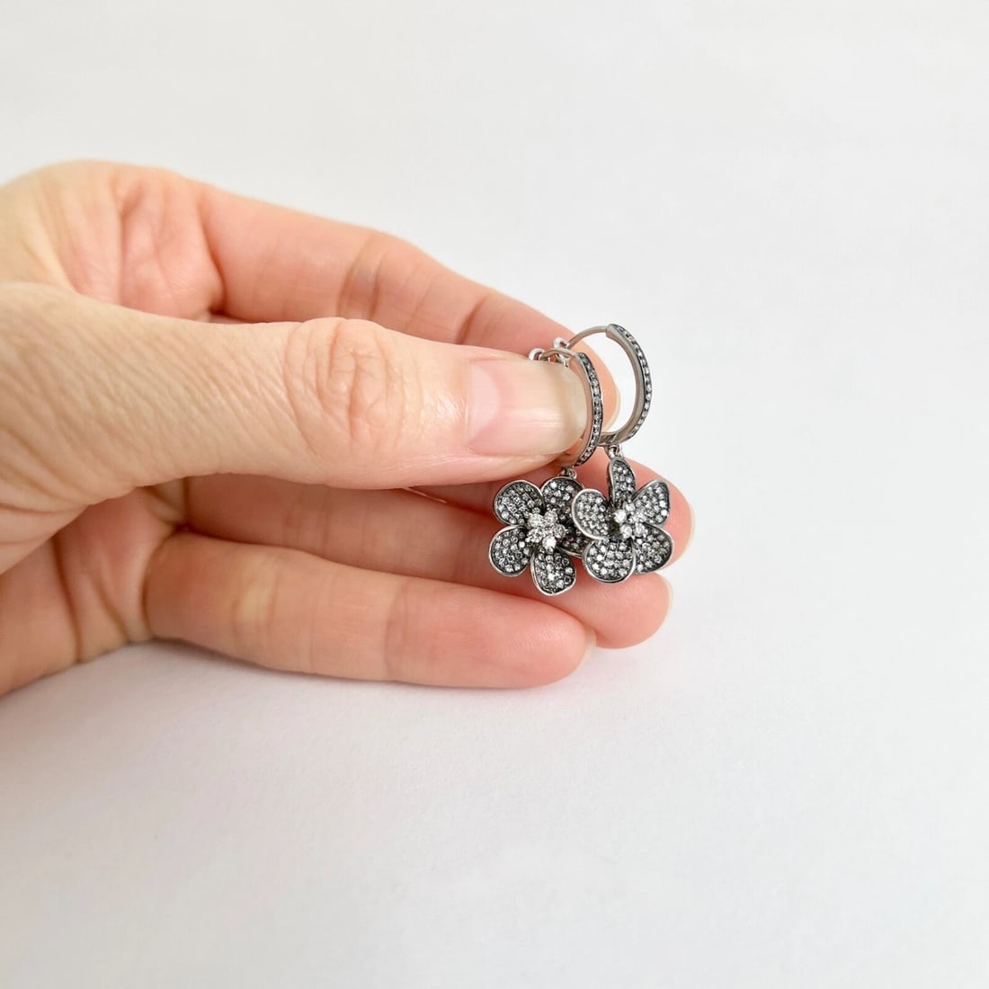 Black Diamond Flower Dangle Drop Earrings 14K White Gold, .79 CTW - 4