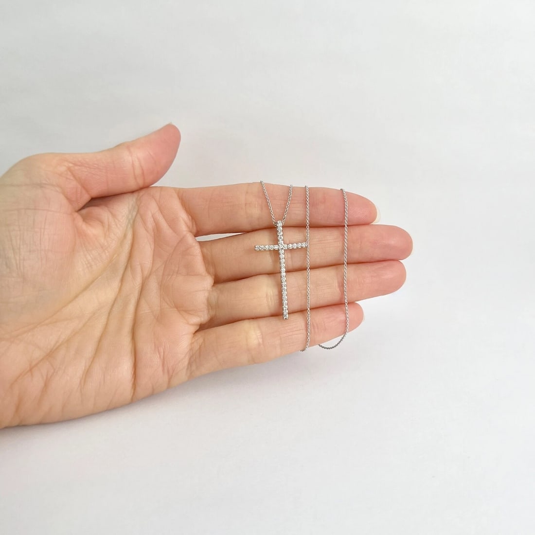 Long Thin Diamond Cross Pendant Necklace 14K White Gold, .27 CTW - 2