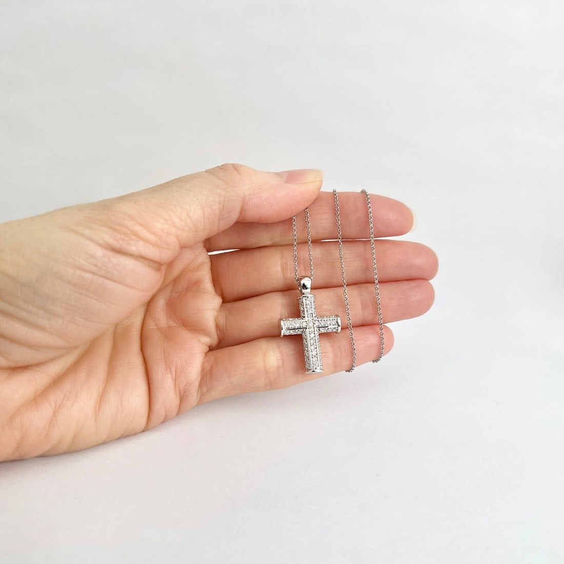 Pave Diamond Cross Pendant Necklace 14K White Gold, .90 CTW - 4