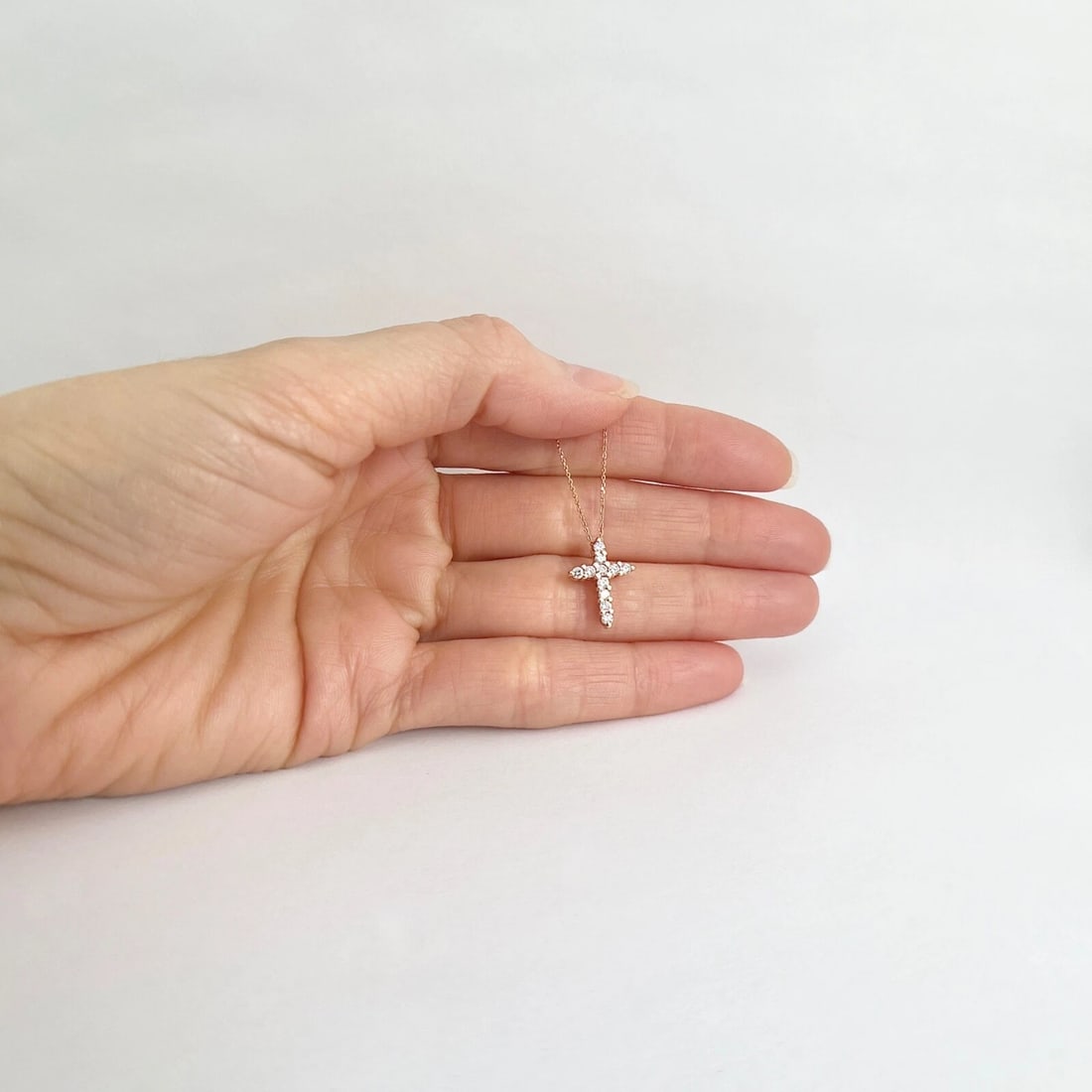 Small Diamond Cross Pendant Necklace 14K Pink Rose Gold, .30 CTW - 2