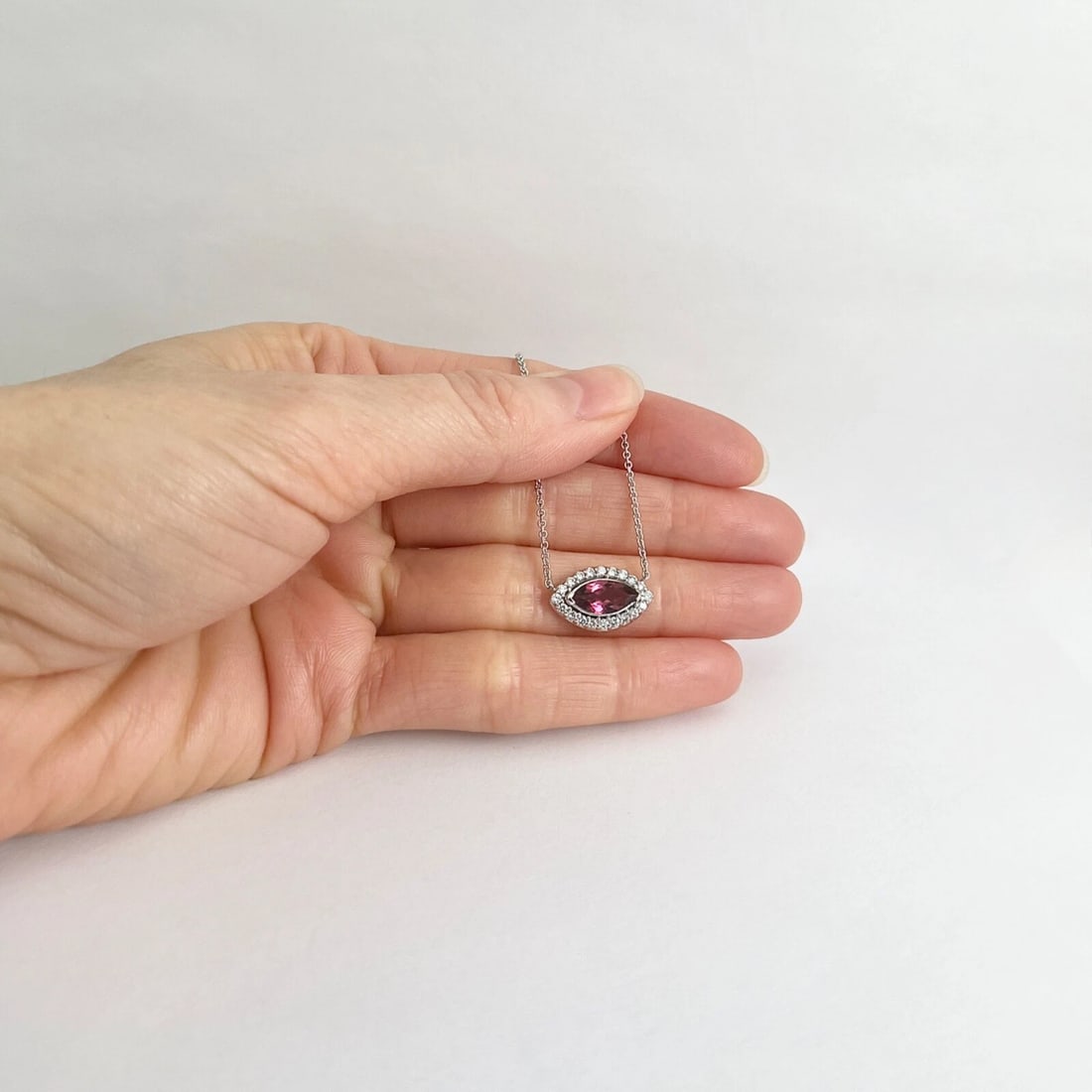 Marquise Pink Tourmaline Diamond Halo Pendant Necklace 14K White Gold, 1.27 CTW - 4