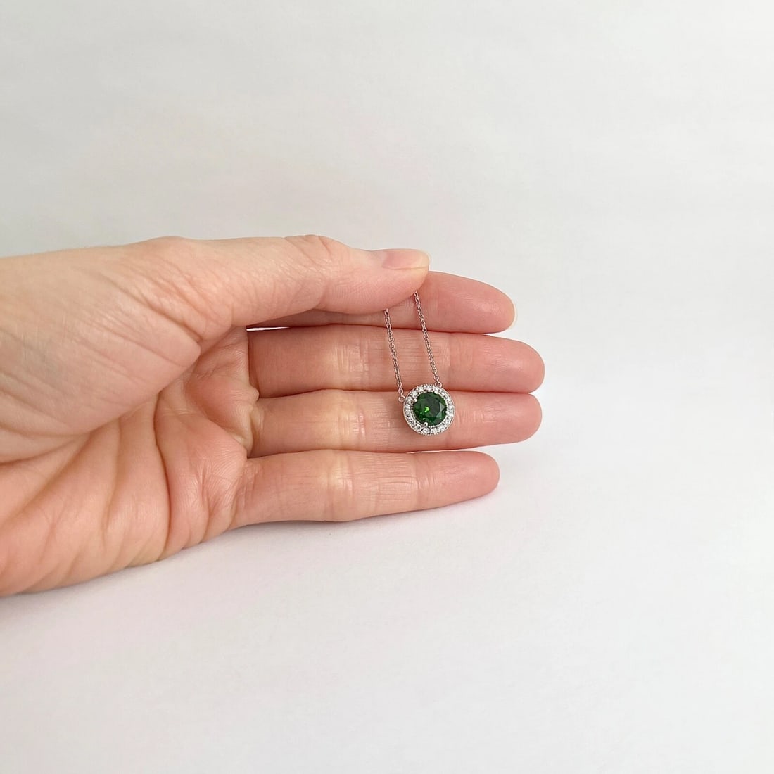 Round Green Chrome Diopside Diamond Halo Pendant Necklace 14K White Gold 1.64 TW - 2