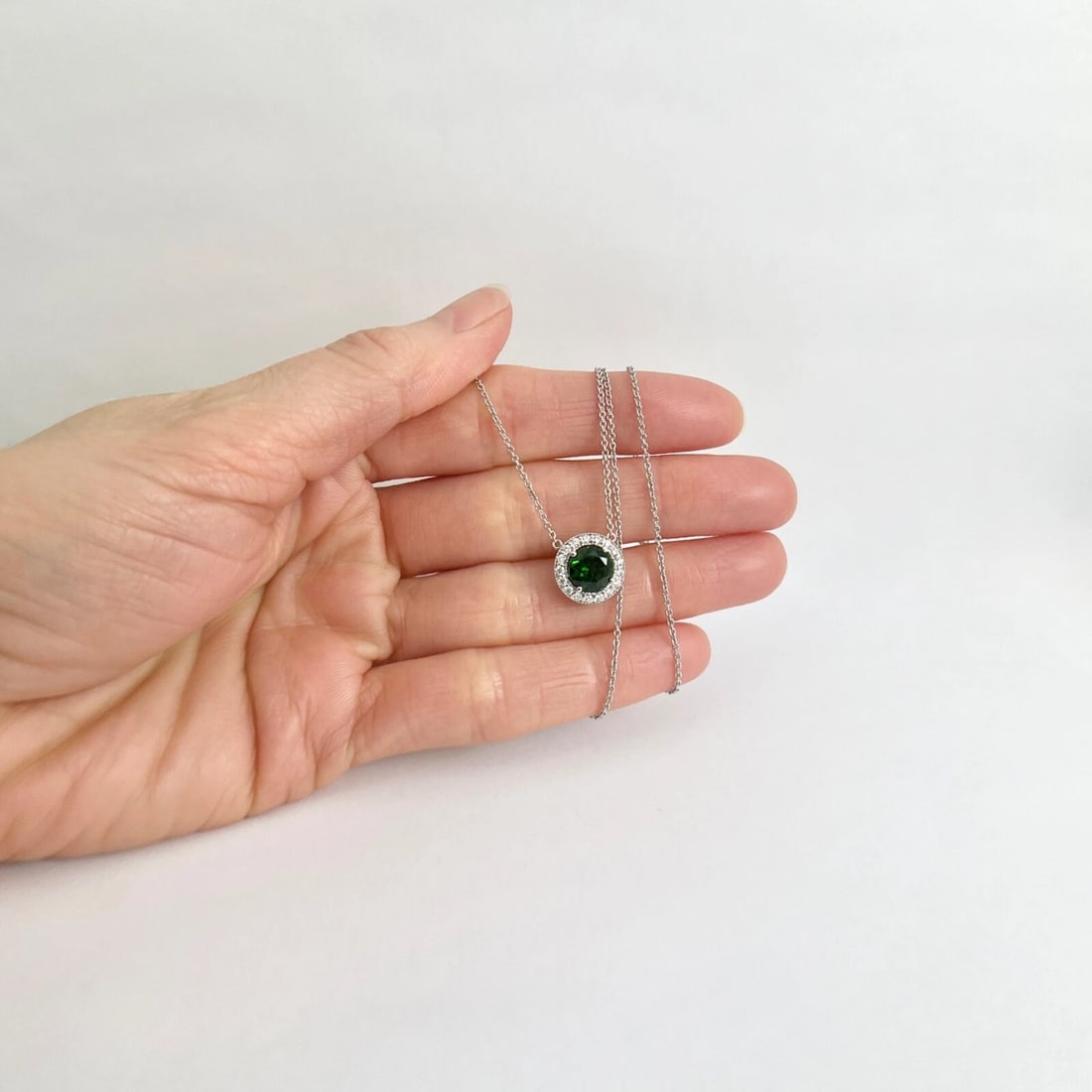 Round Green Chrome Diopside Diamond Halo Pendant Necklace 14K White Gold 1.64 TW - 4