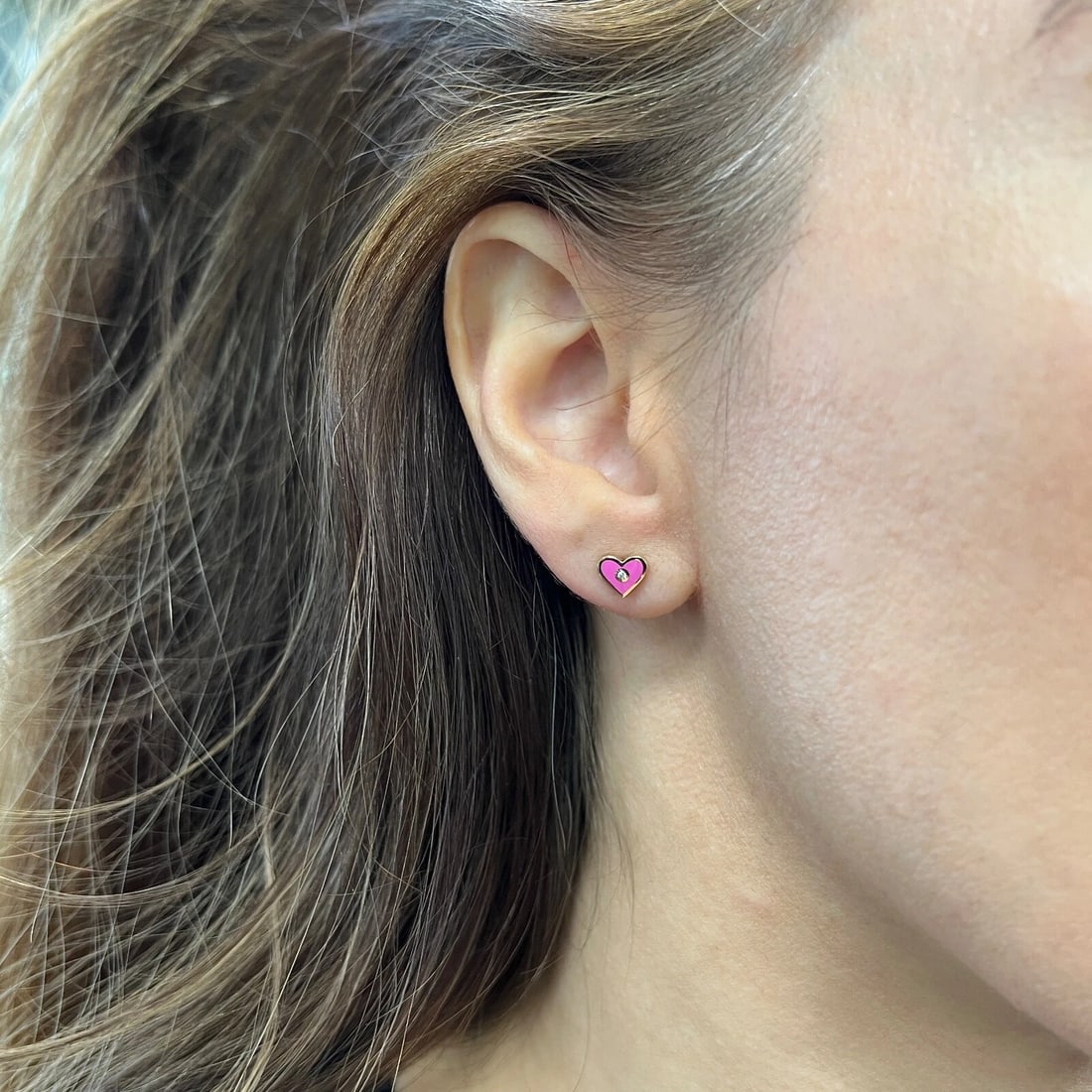 Pink Enamel Heart Diamond Stud Earrings 14K Yellow Gold .02 CTW - 3