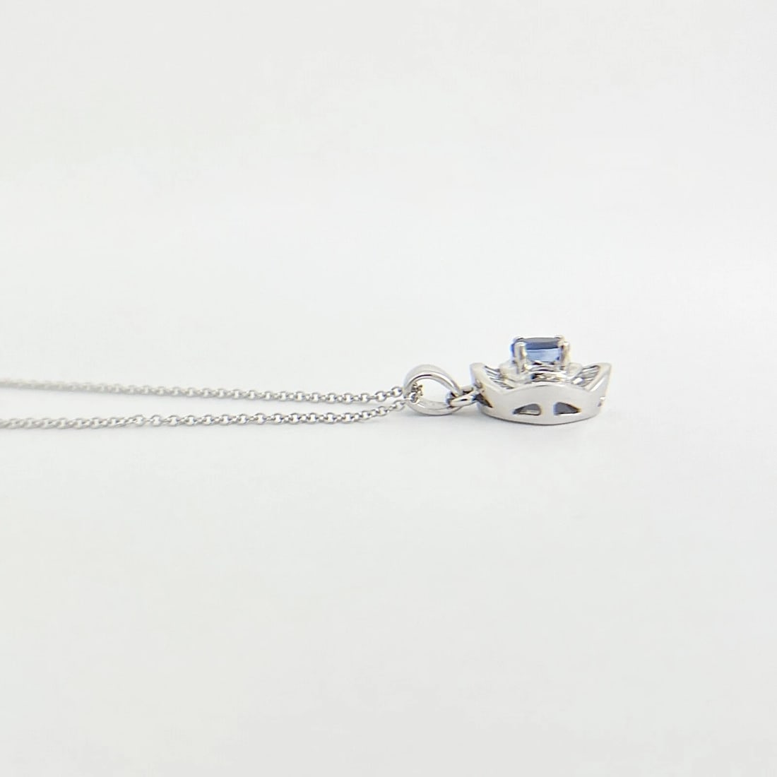 Oval Sapphire Baguette Diamond Halo Pendant Necklace 14K White Gold, .60 CTW - 5