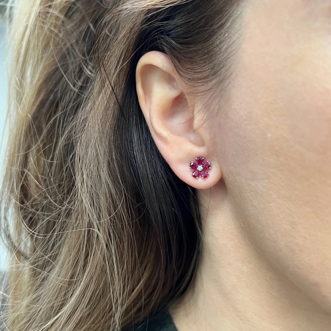 Ruby Diamond Cluster Pear Flower Stud Earrings 18K White Gold, 2.41 CTW - 3