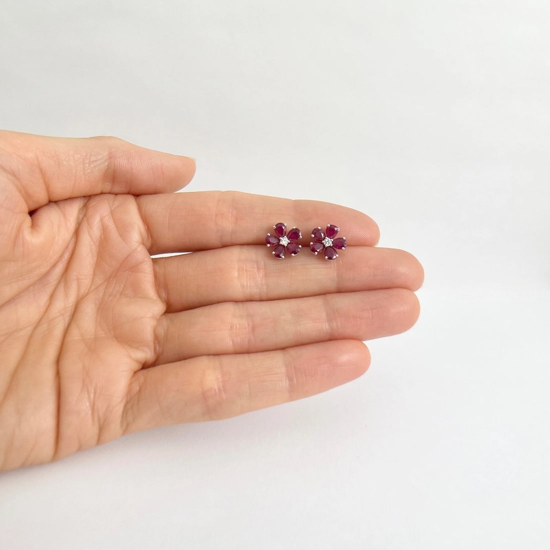 Ruby Diamond Cluster Pear Flower Stud Earrings 18K White Gold, 2.41 CTW - 4