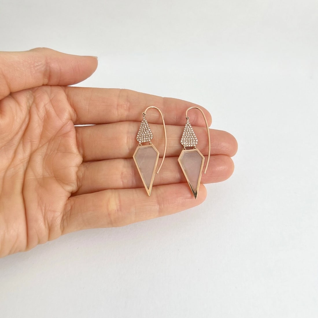 Opal Slice Diamond Geometric Dangle Drop Earrings 14K Pink Rose Gold, 2.61 CTW - 2