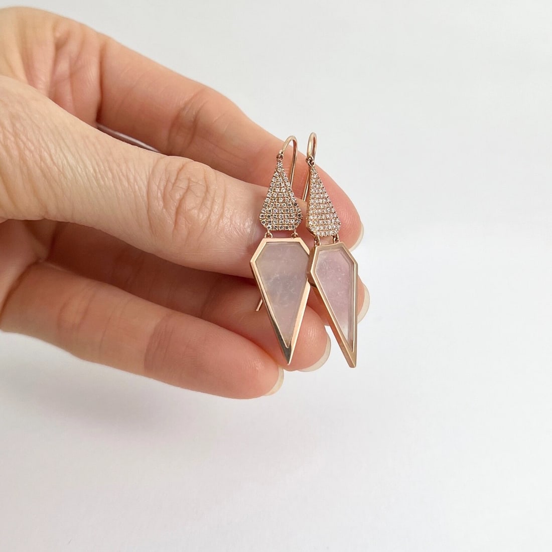 Opal Slice Diamond Geometric Dangle Drop Earrings 14K Pink Rose Gold, 2.61 CTW - 3